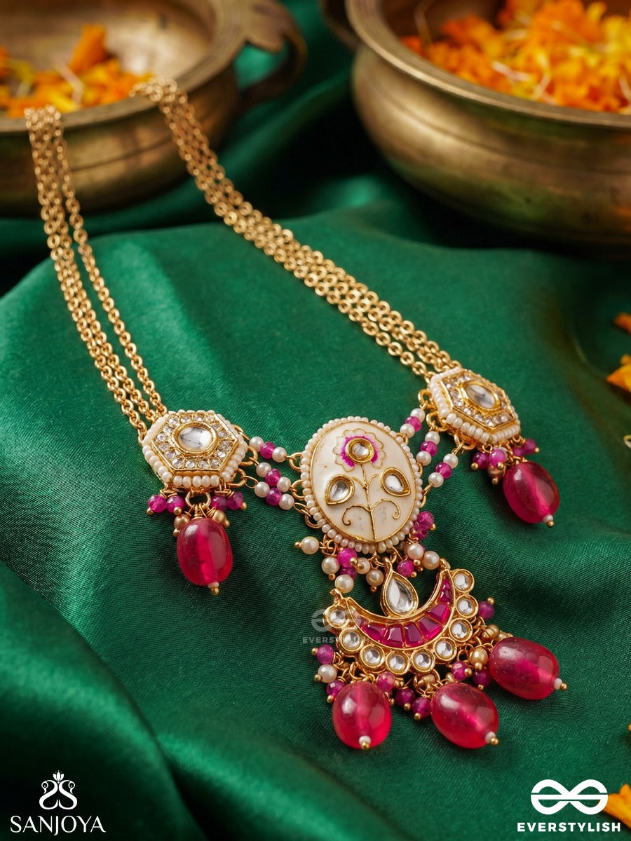 Kamalangi - Lotus-Bodied- Floral Enamel Centre Design Neckpiece With Triple Chain Layers And Ruby Baeds And Pearls