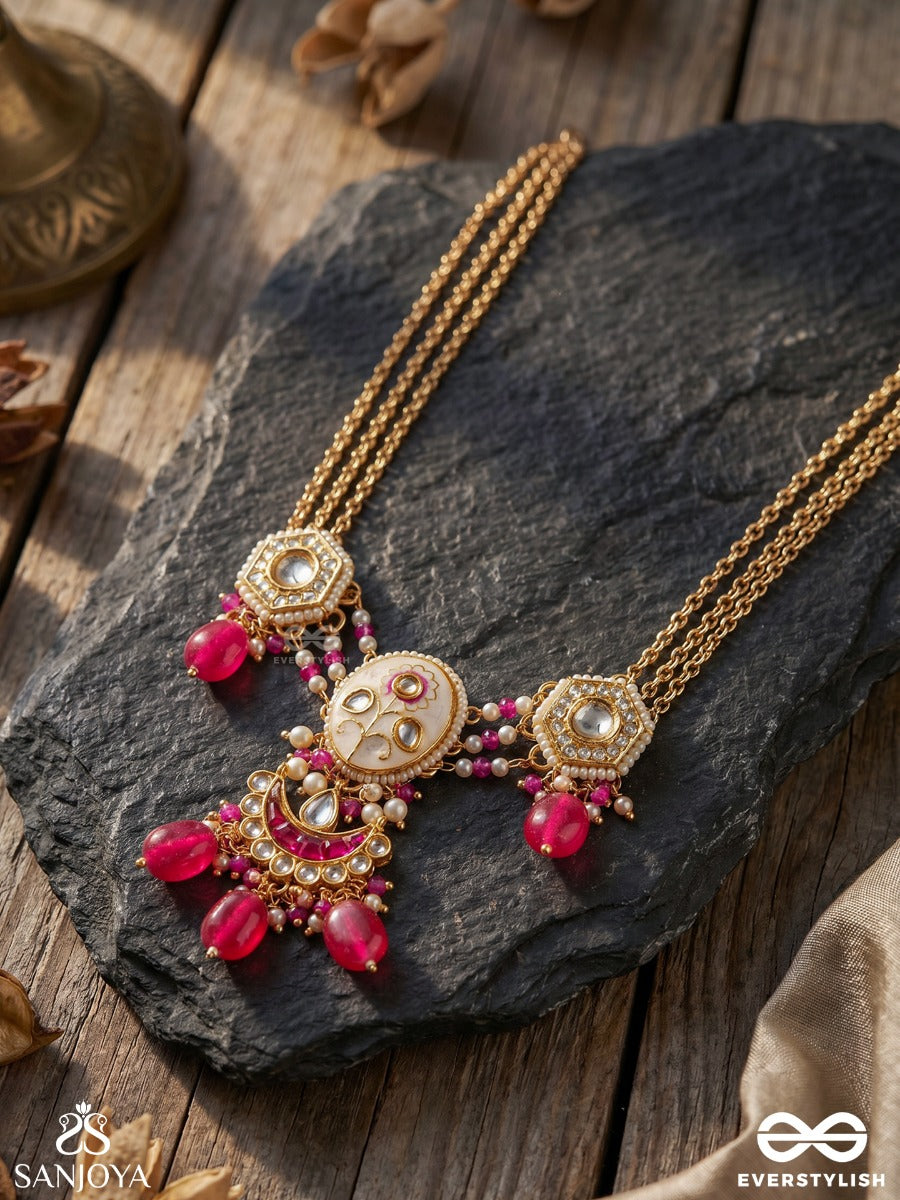 Kamalangi - Lotus-Bodied- Floral Enamel Centre Design Neckpiece With Triple Chain Layers And Ruby Baeds And Pearls