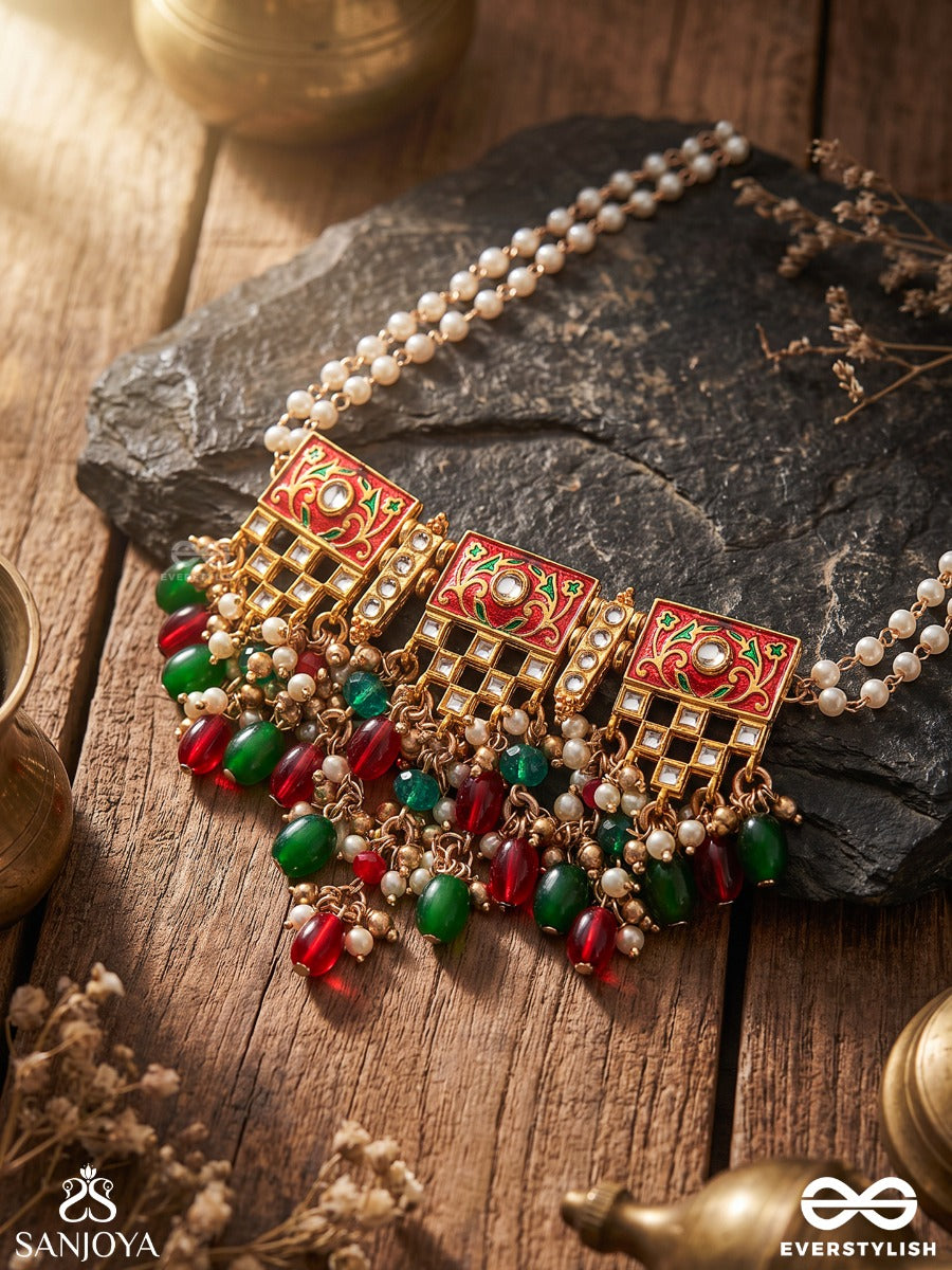 Shubhadra - Auspicious Beauty- Geometric Kundan Enamelled Neckpiece With Pearls And Beads
