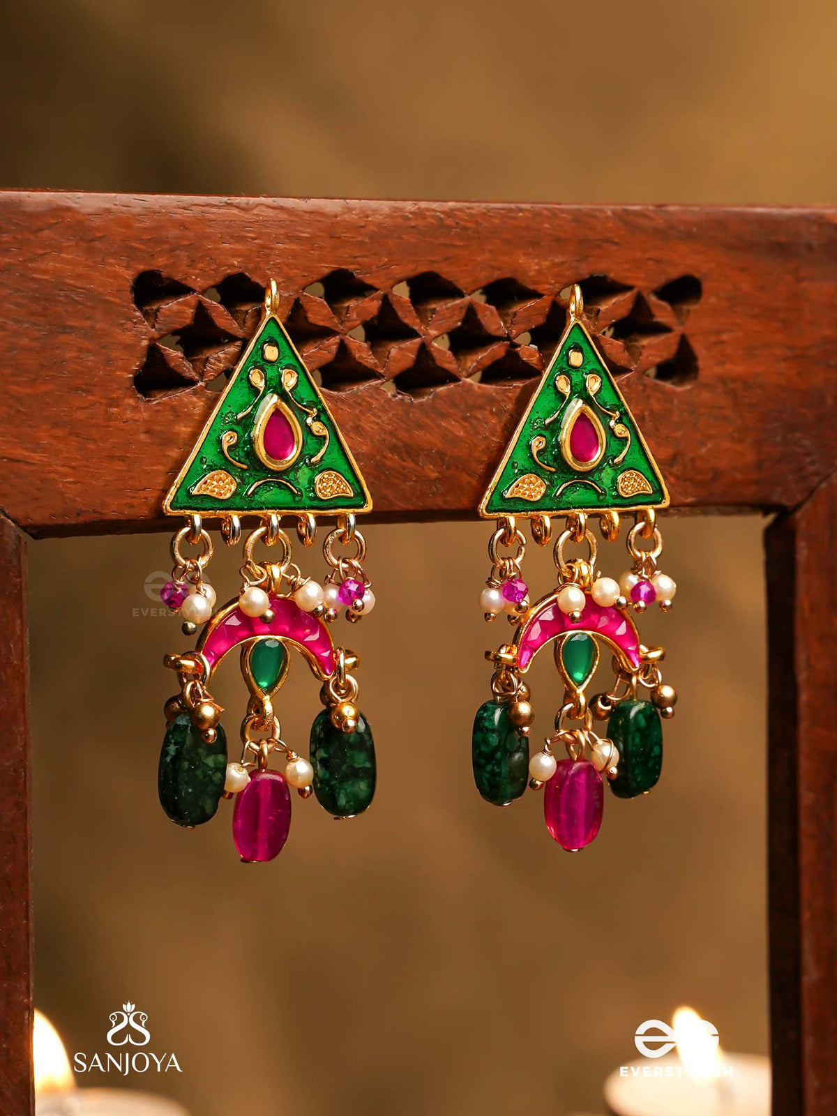 Trikonika - Triangular Beauty- Enameled Triangle Top Earrings With Red Crescent, Pearls And Beads