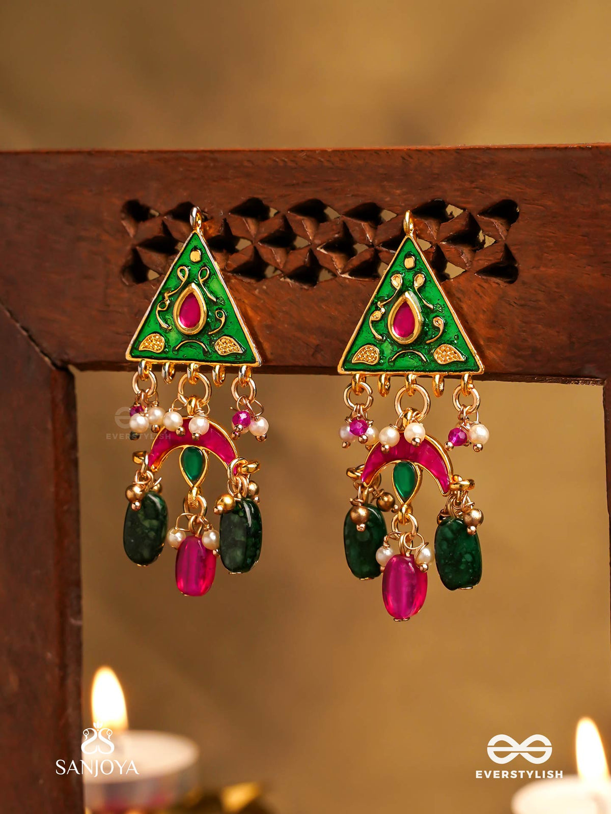 Trikonika - Triangular Beauty- Enameled Triangle Top Earrings With Red Crescent, Pearls And Beads