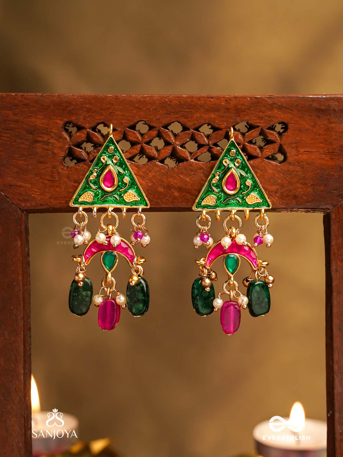 Trikonika - Triangular Beauty- Enameled Triangle Top Earrings With Red Crescent, Pearls And Beads