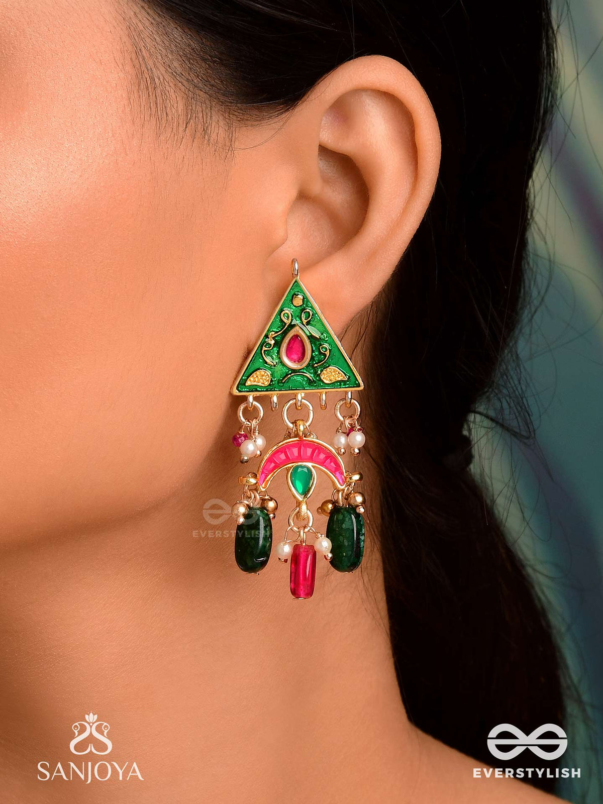 Trikonika - Triangular Beauty- Enameled Triangle Top Earrings With Red Crescent, Pearls And Beads