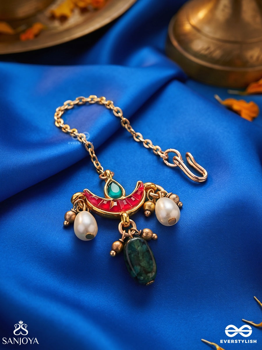 Trikonika - Triangular Beauty- Maangtika With Red Crescent, Pearls And Beads