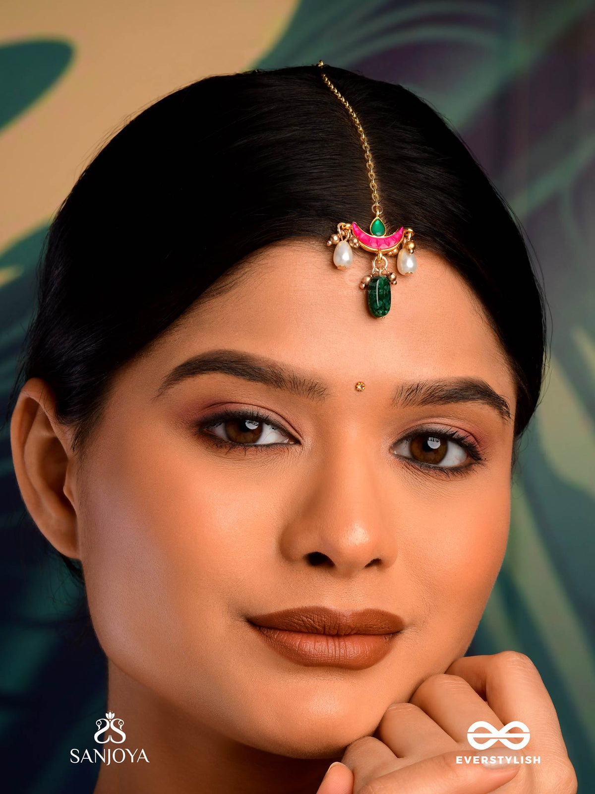 Trikonika - Triangular Beauty- Maangtika With Red Crescent, Pearls And Beads
