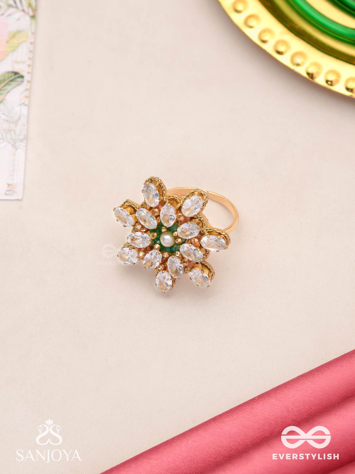 Himanshika - Snow-Kissed- Floral Ring With White Gemstones And Pearl Center