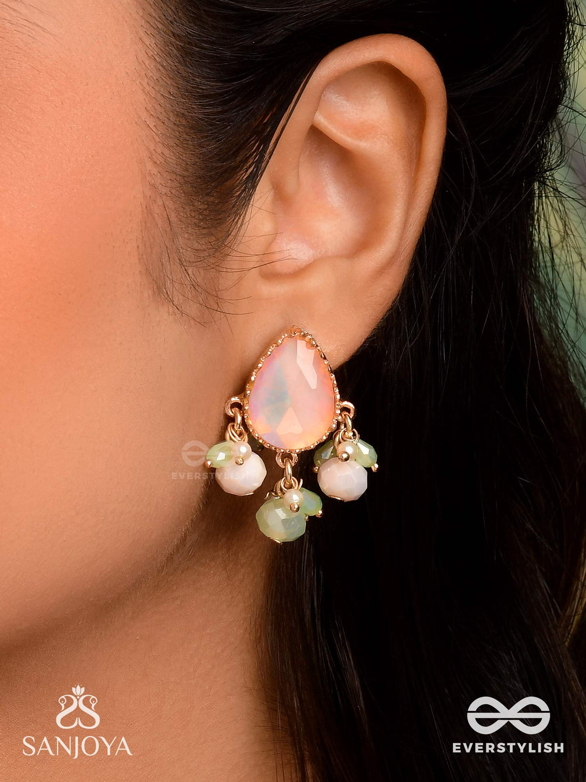 Prakriti - Nature's Touch- Peach Teardrop Earrings With Pastel Gemstones And Beads