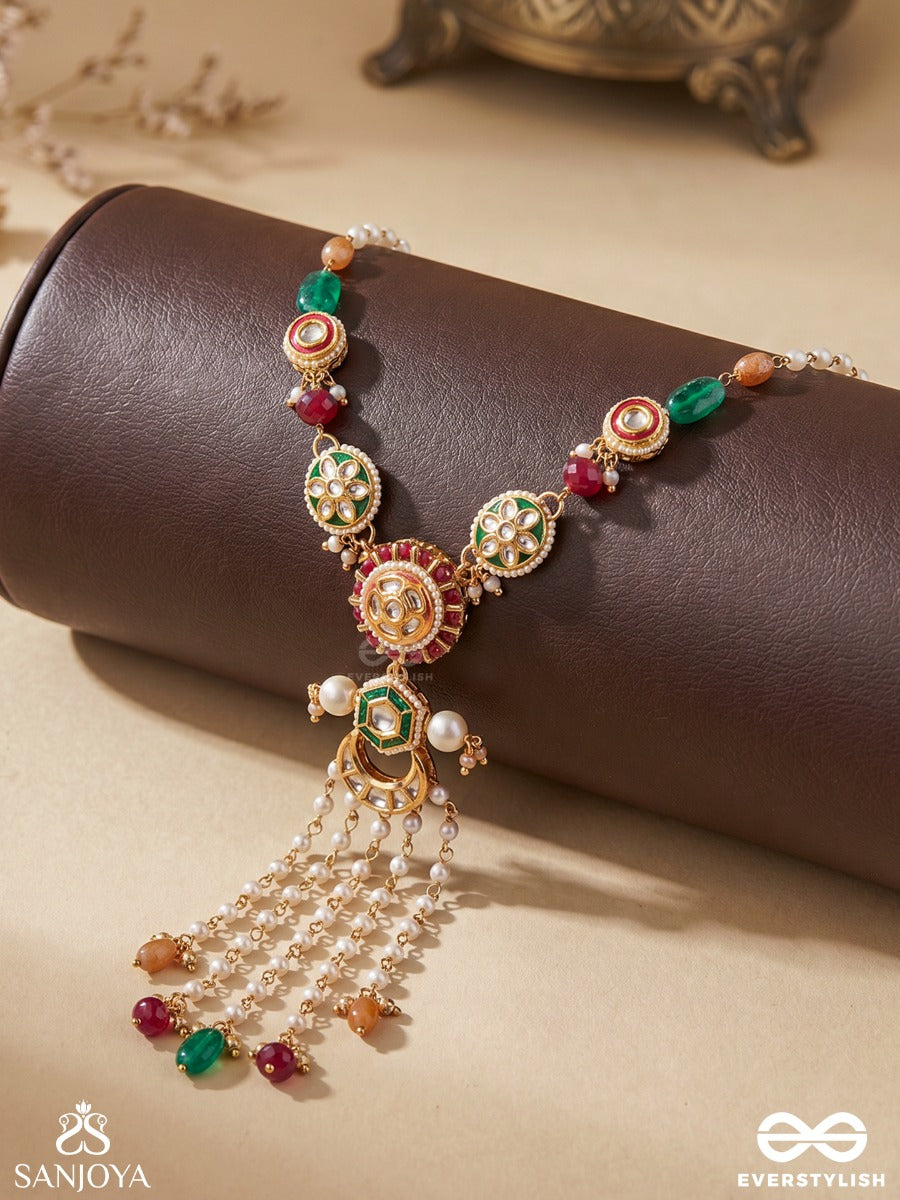 Utkalini - Exquisitely Designed- Enamel Kundan Neckpiece With Layered Pearl Fringes And Vibrant Beads