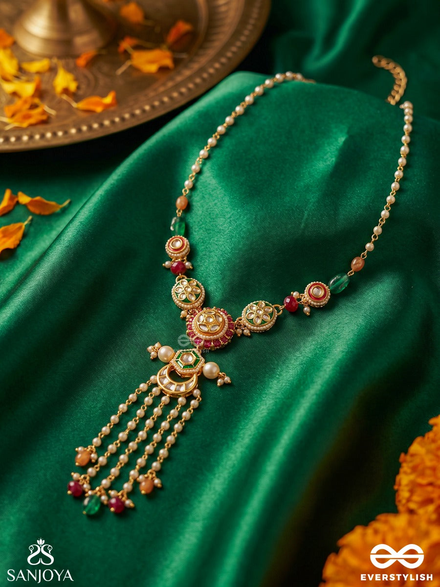 Utkalini - Exquisitely Designed- Enamel Kundan Neckpiece With Layered Pearl Fringes And Vibrant Beads