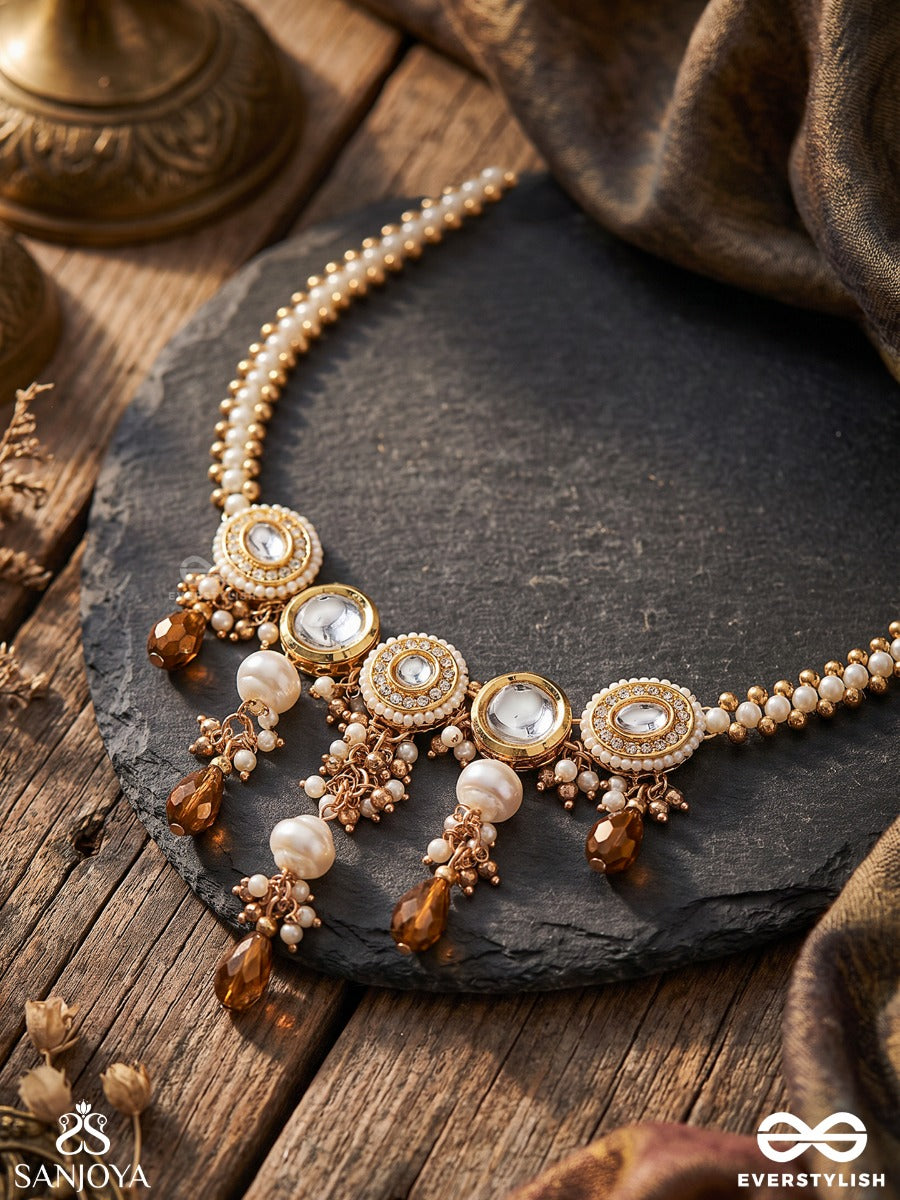 Kanaklekha - Golden Gleam- Round Polki Accented Neckpiece With Dewy White Pearls And Warm Earthy Tone Beads