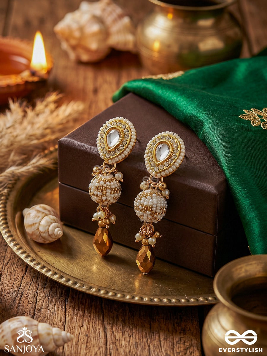 Kanaklekha - Golden Gleam- Round Polki Accented Earrings With Dewy White Pearls And Warm Earthy Tone Beads