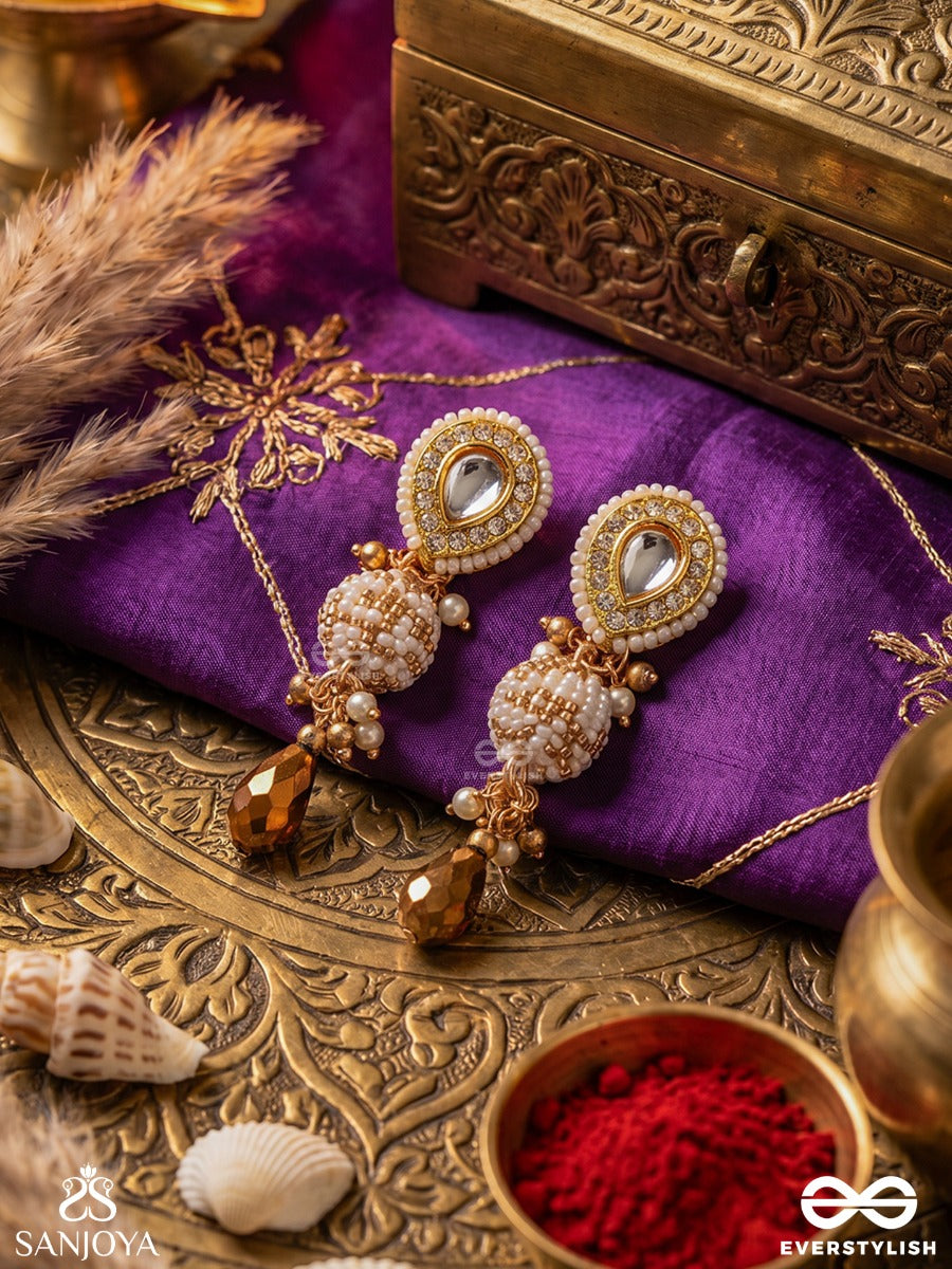 Kanaklekha - Golden Gleam- Round Polki Accented Earrings With Dewy White Pearls And Warm Earthy Tone Beads