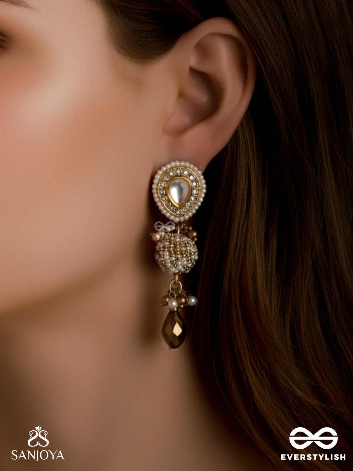 Kanaklekha - Golden Gleam- Round Polki Accented Earrings With Dewy White Pearls And Warm Earthy Tone Beads