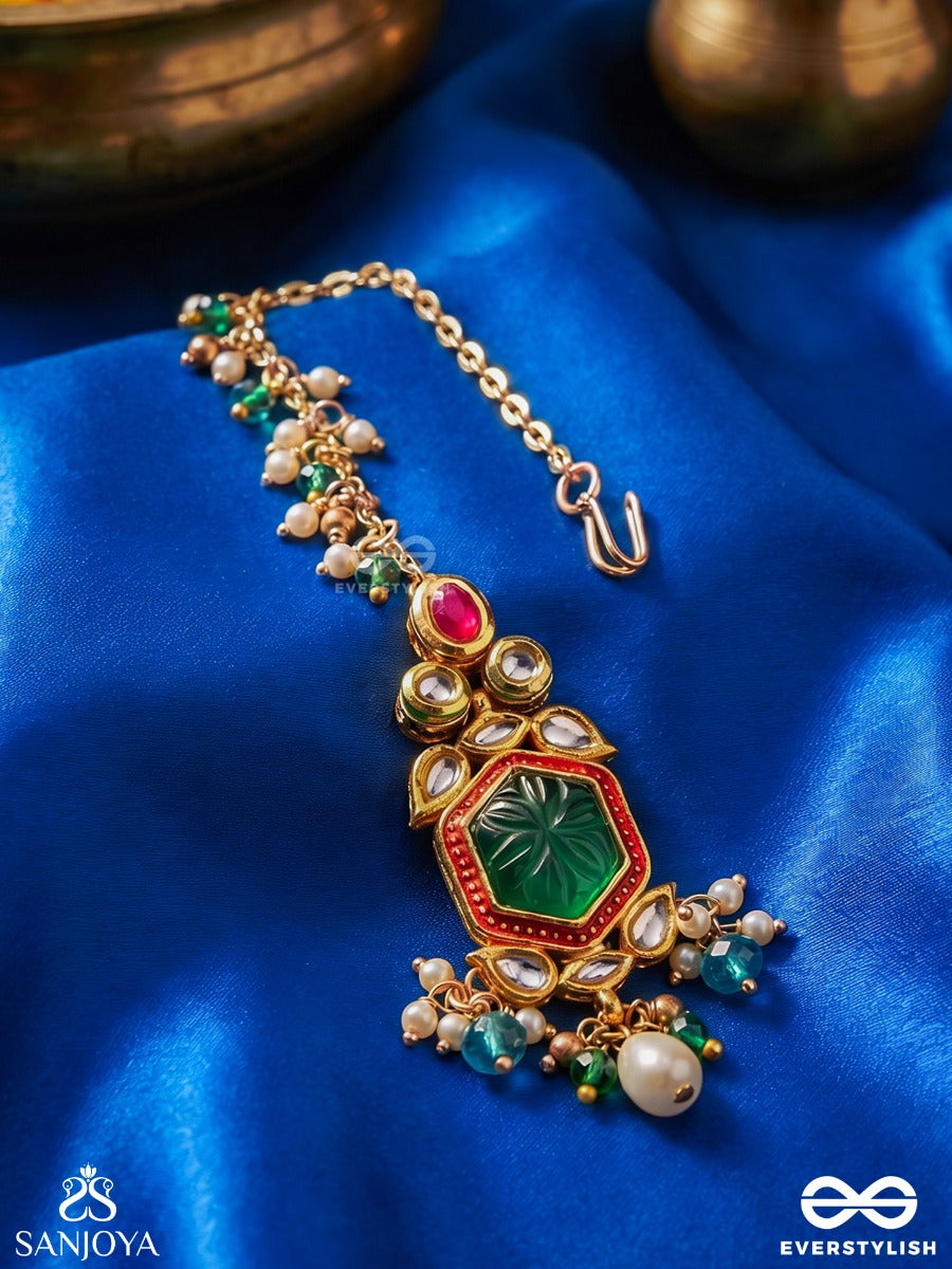 Hararasa - Essence Of Green- Kundan Maangtika With Pearls, Beads And Gemstone