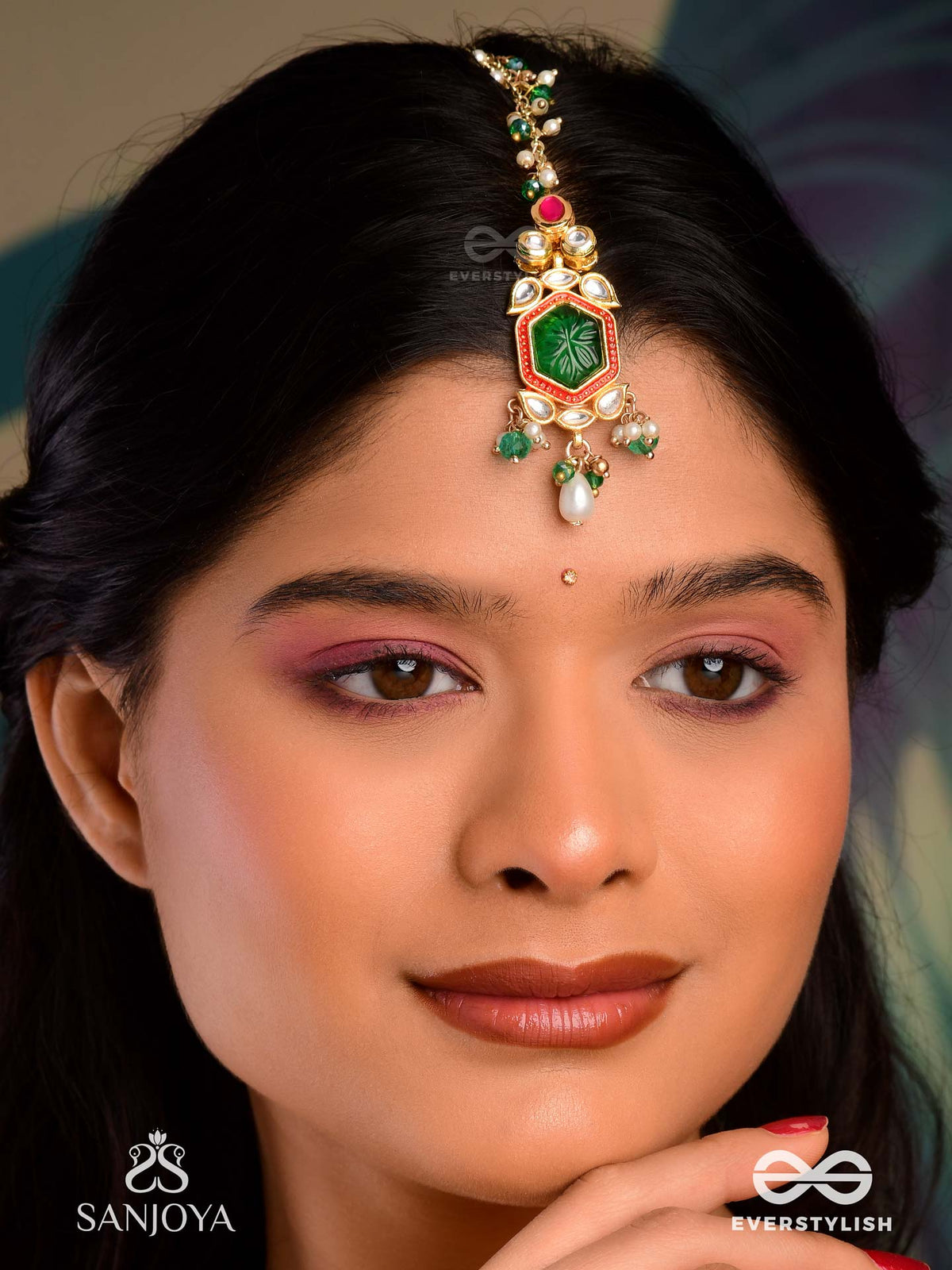 Hararasa - Essence Of Green- Kundan Maangtika With Pearls, Beads And Gemstone