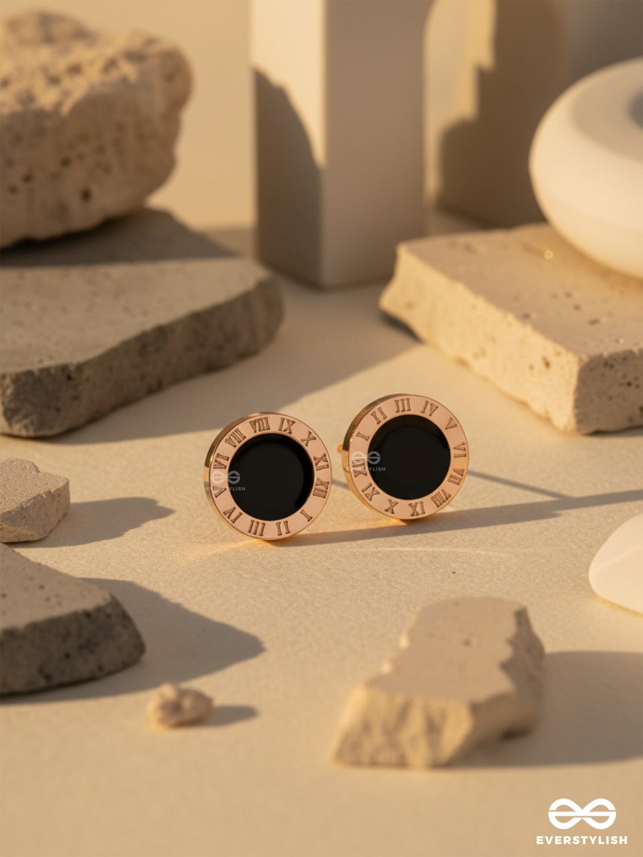 Noir Timepiece- Timeless Black And Gold Studs