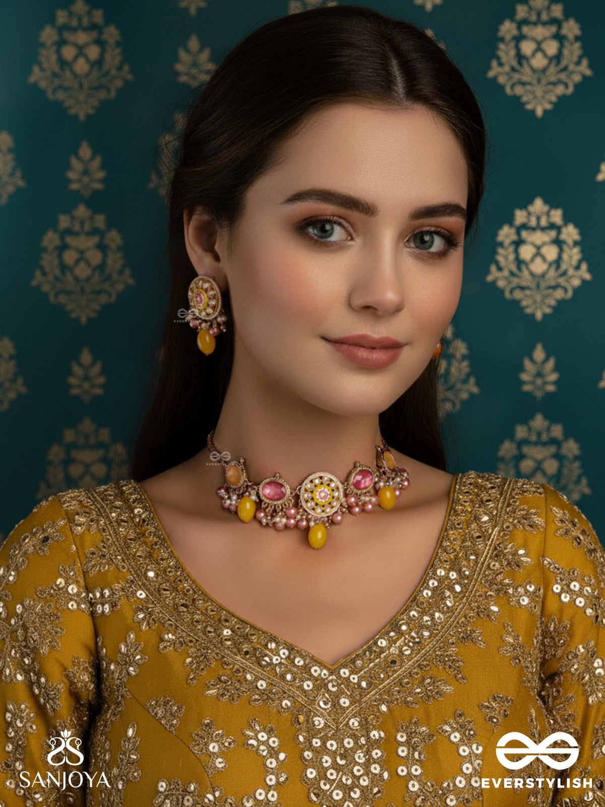 Madhuvarnika - Honey Hue - Soft Feminine Hancrafted Kundan Set With Choker Neckpiece And Earrings