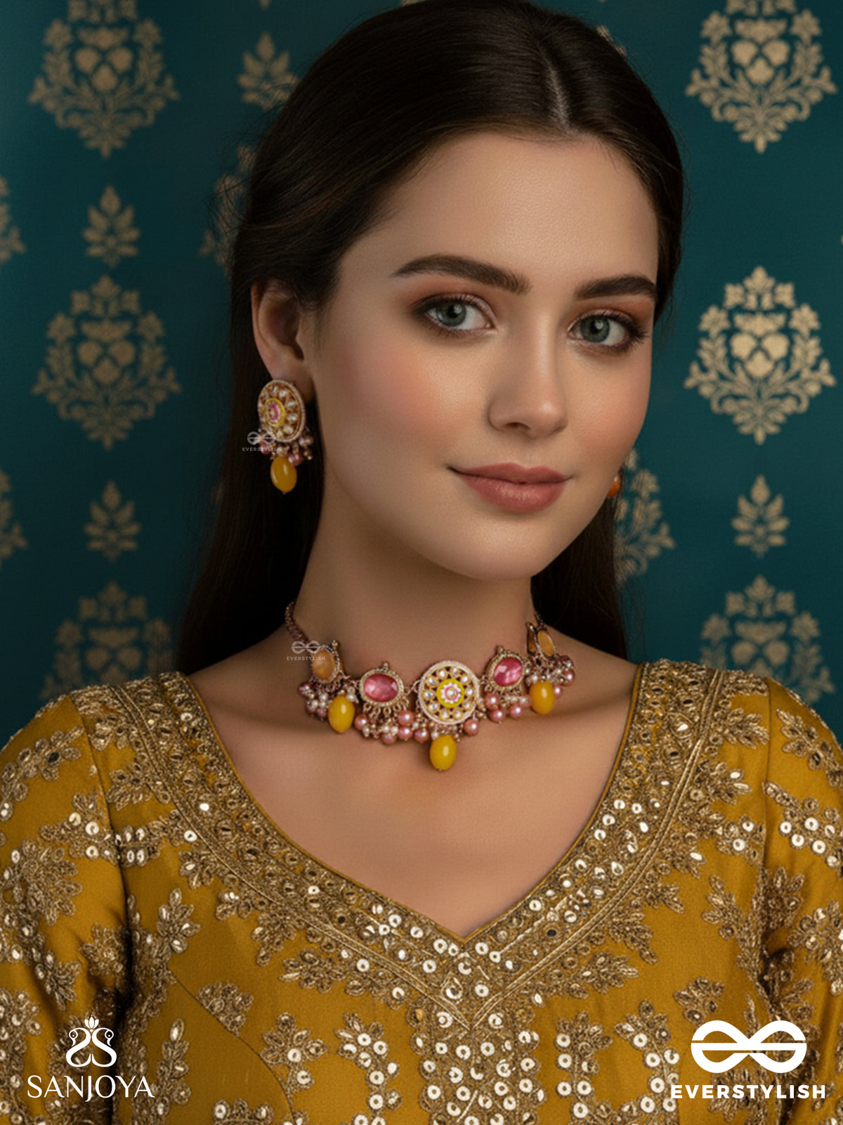 Madhuvarnika - Honey Hue - Soft Feminine Hancrafted Kundan Set With Choker Neckpiece And Earrings