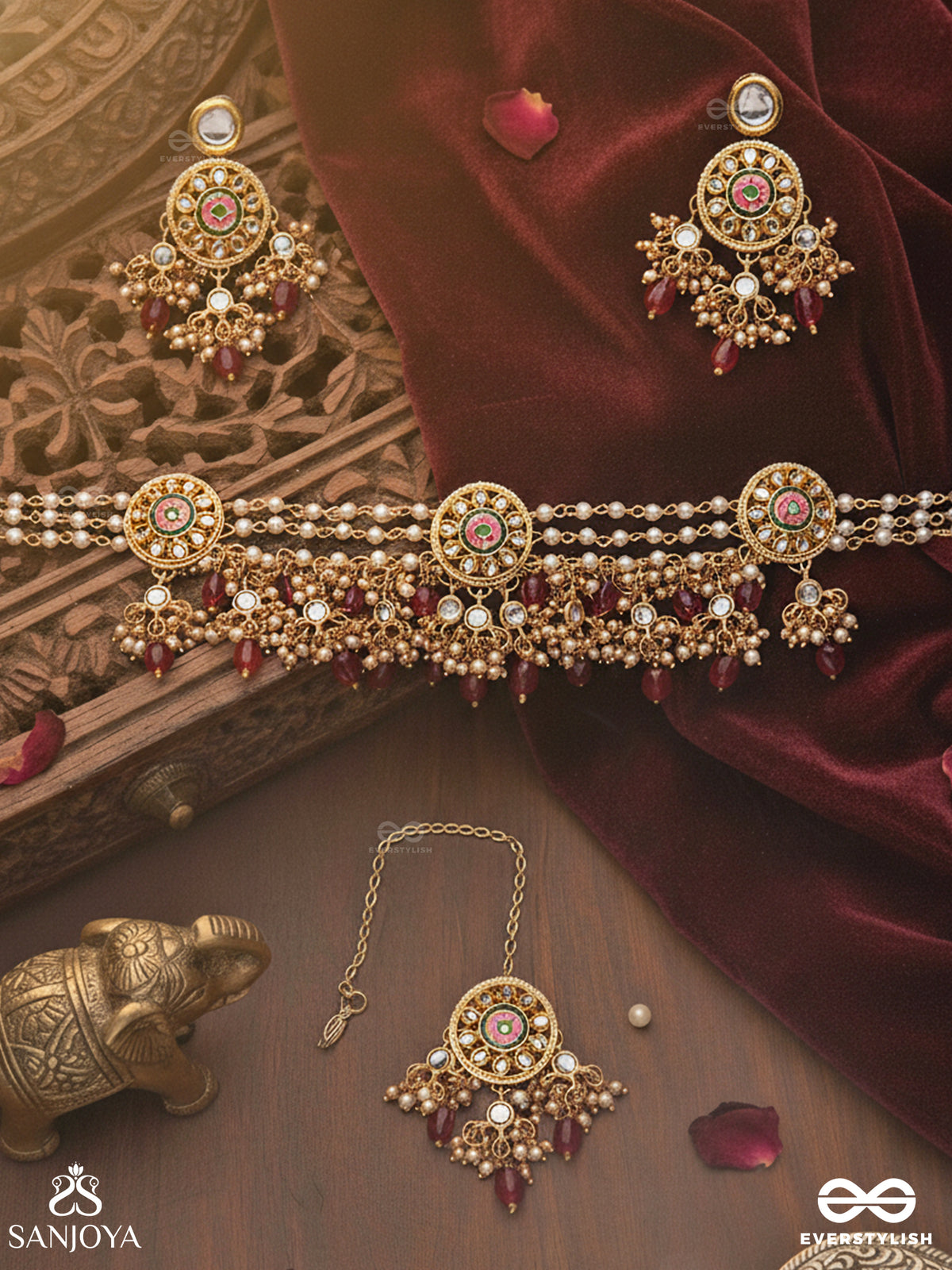 Tribandhura - Three-Stranded Beauty - Intricate Kundan Set With Choker Neckpiece, Earrings And Maangtika