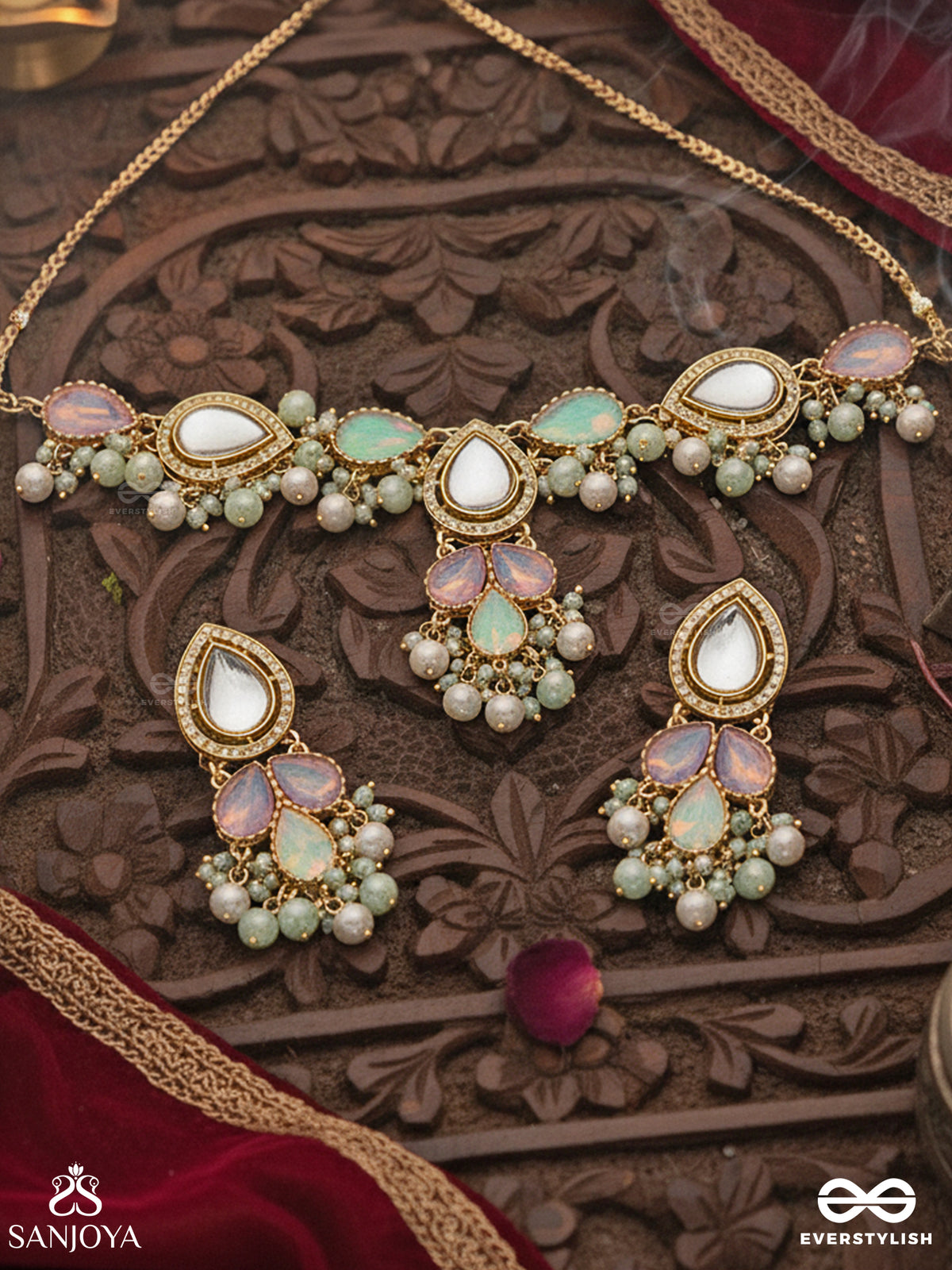 Prithulaa - Delicate Drop- Pastel Drops Kundan Set With Neckpiece And Earrings