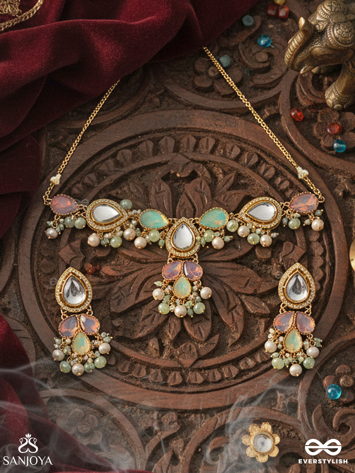 Prithulaa - Delicate Drop- Pastel Drops Kundan Set With Neckpiece And Earrings