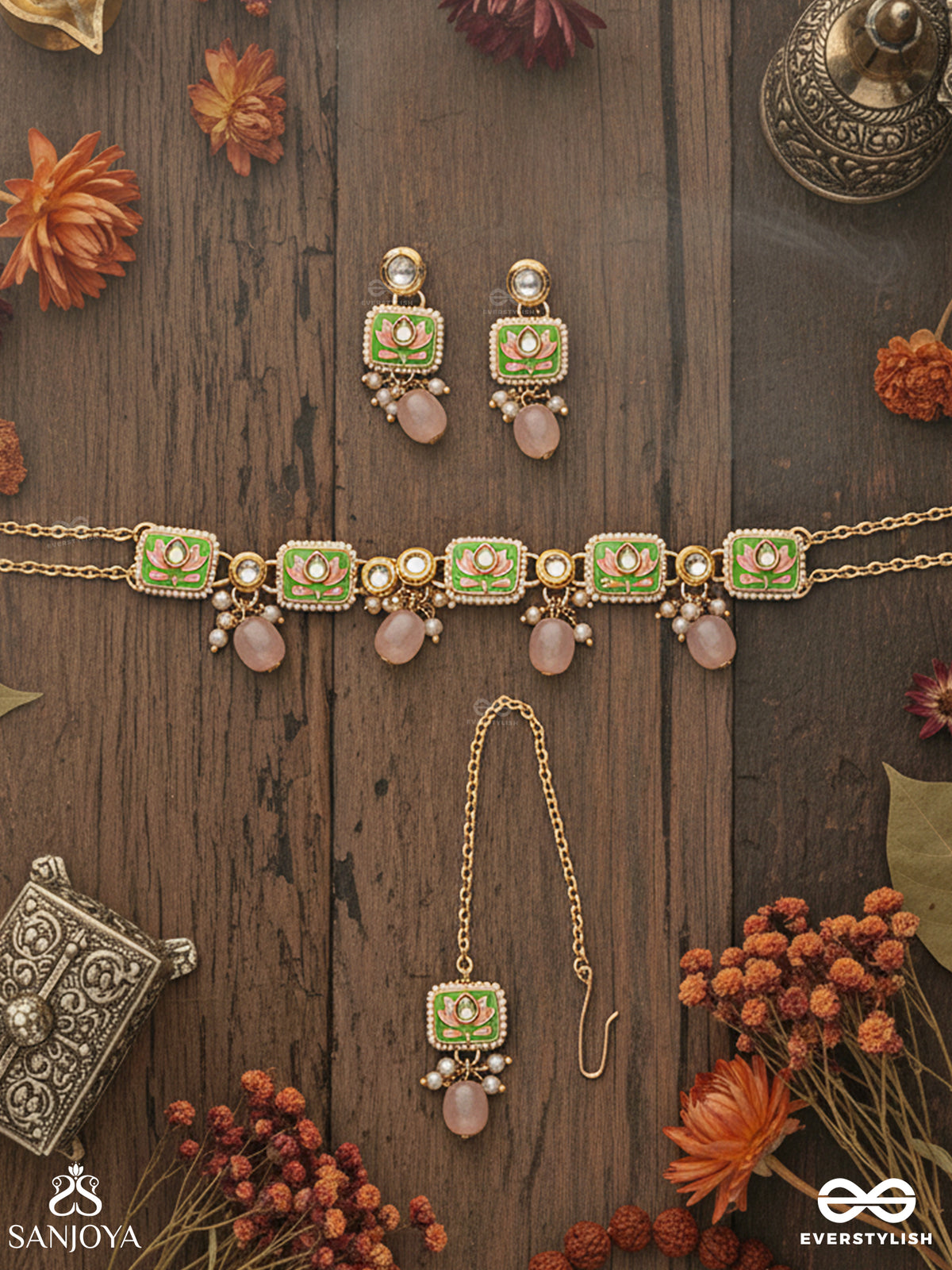 Mridulpadma - Gentle Lotus - Delicate Kundan Set With Choker Neckpiece, Earrings And Maangtika
