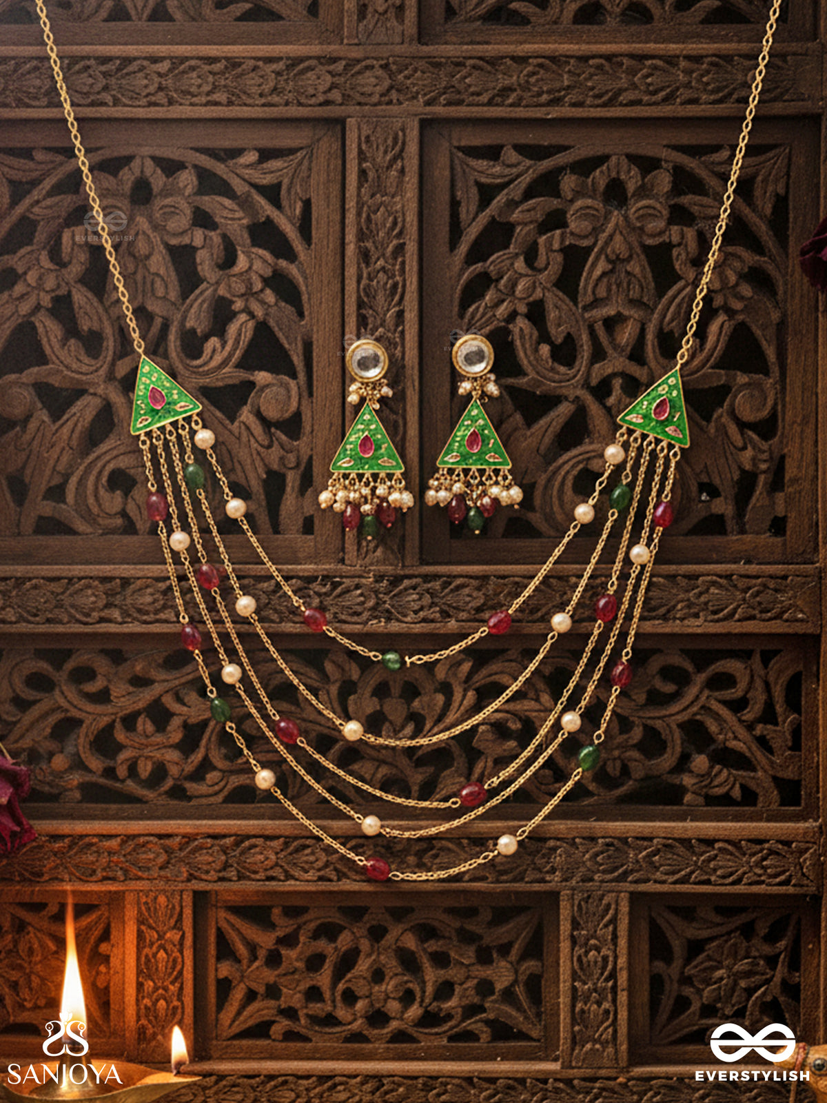 Ranglekha - Lines Of Color - Delicate Kundan Set With Neckpiece And Earrings