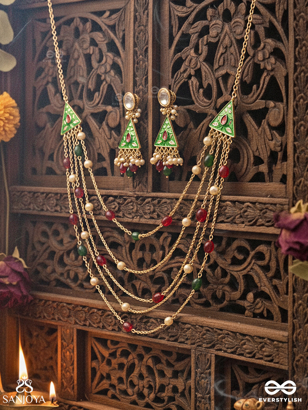 Ranglekha - Lines Of Color - Delicate Kundan Set With Neckpiece And Earrings
