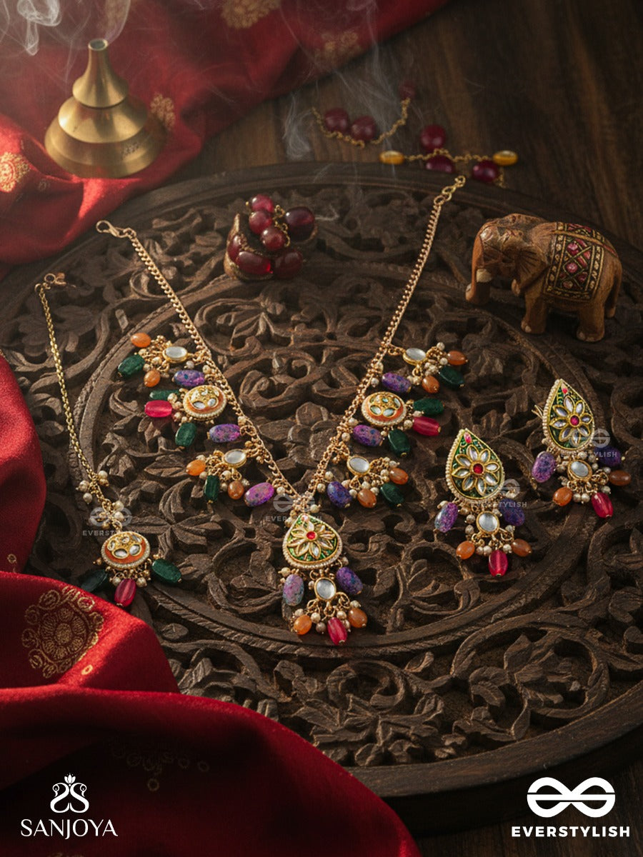 Rangkusuma - Bloom Of Colors - Vibrant Kundan Set With Neckpiece, Earrings And Maangtika