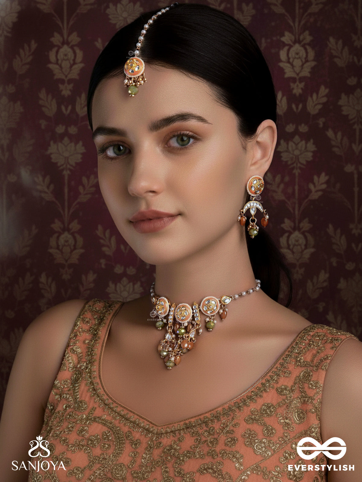 Ragtanika - Colored Composition- Heritage Style Kundan Set With Neckpiece, Earrings And Maangtika