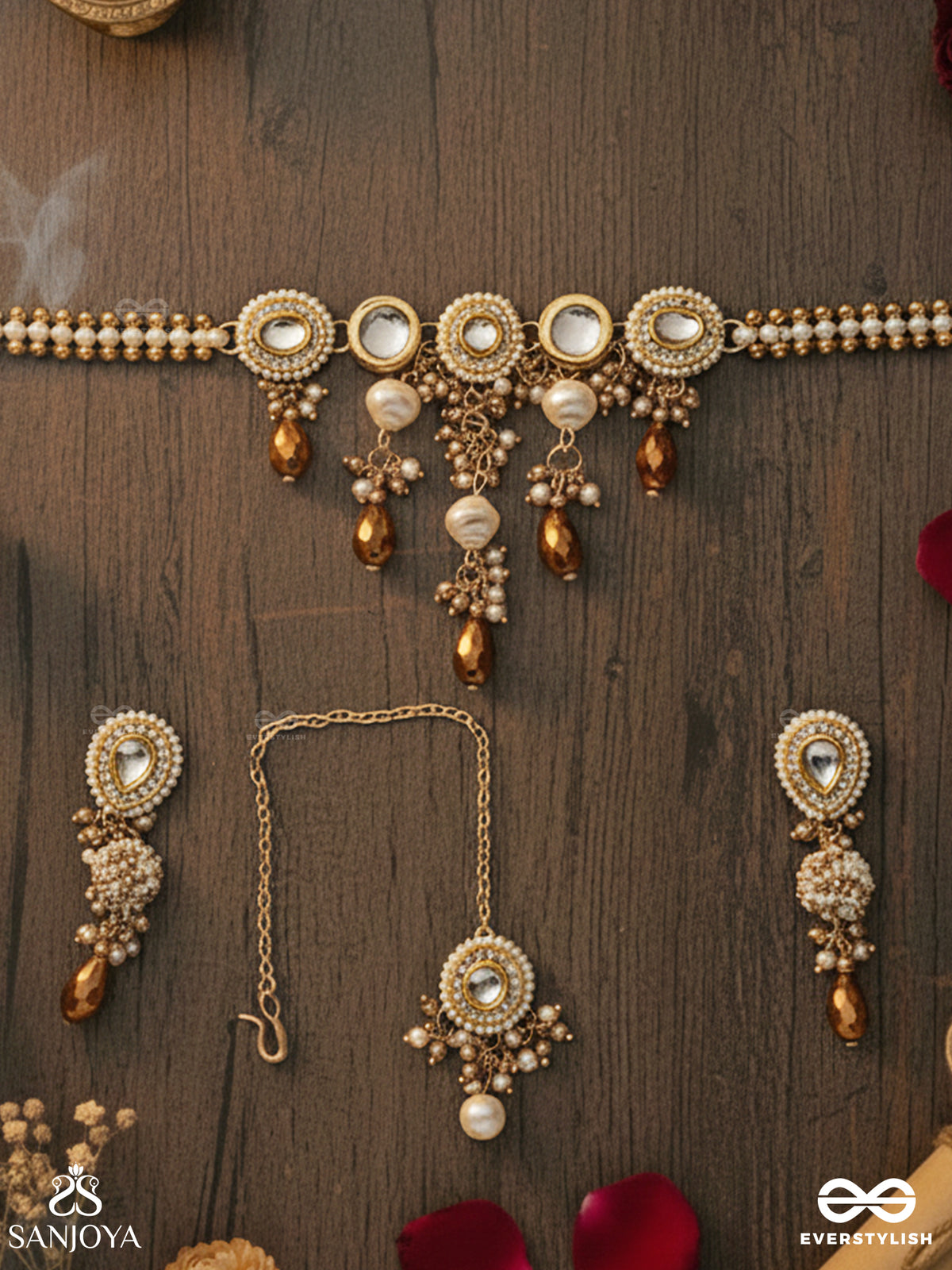 Kanaklekha - Golden Gleam- Handcrafted Kundan Set With Neckpiece, Earrings And Maangtika