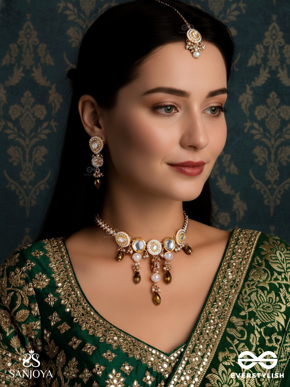 Kanaklekha - Golden Gleam- Handcrafted Kundan Set With Neckpiece, Earrings And Maangtika