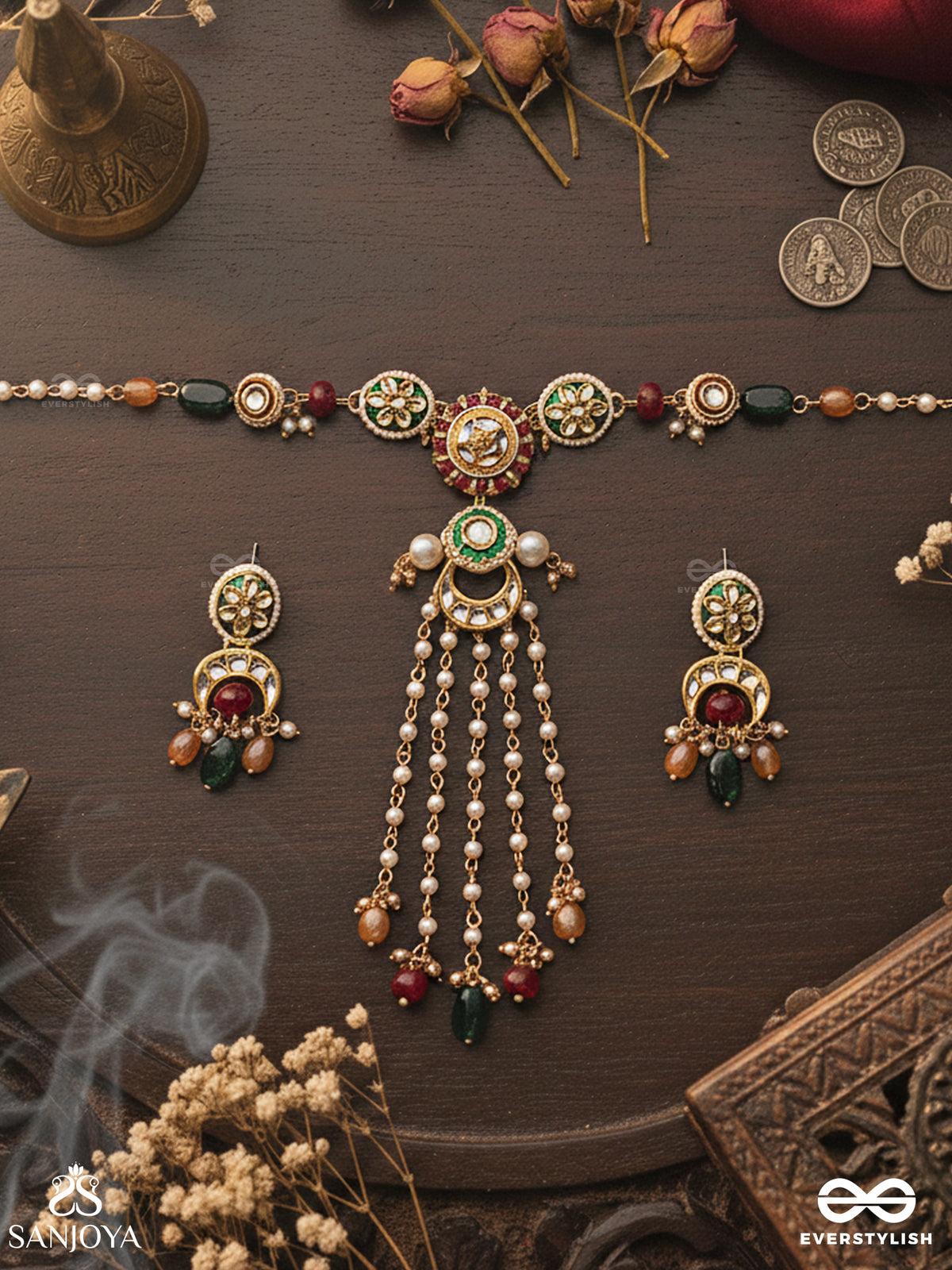 Utkalini - Exquisitely Designed - Enamelled Kundan Set With Neckpiece And Earrings