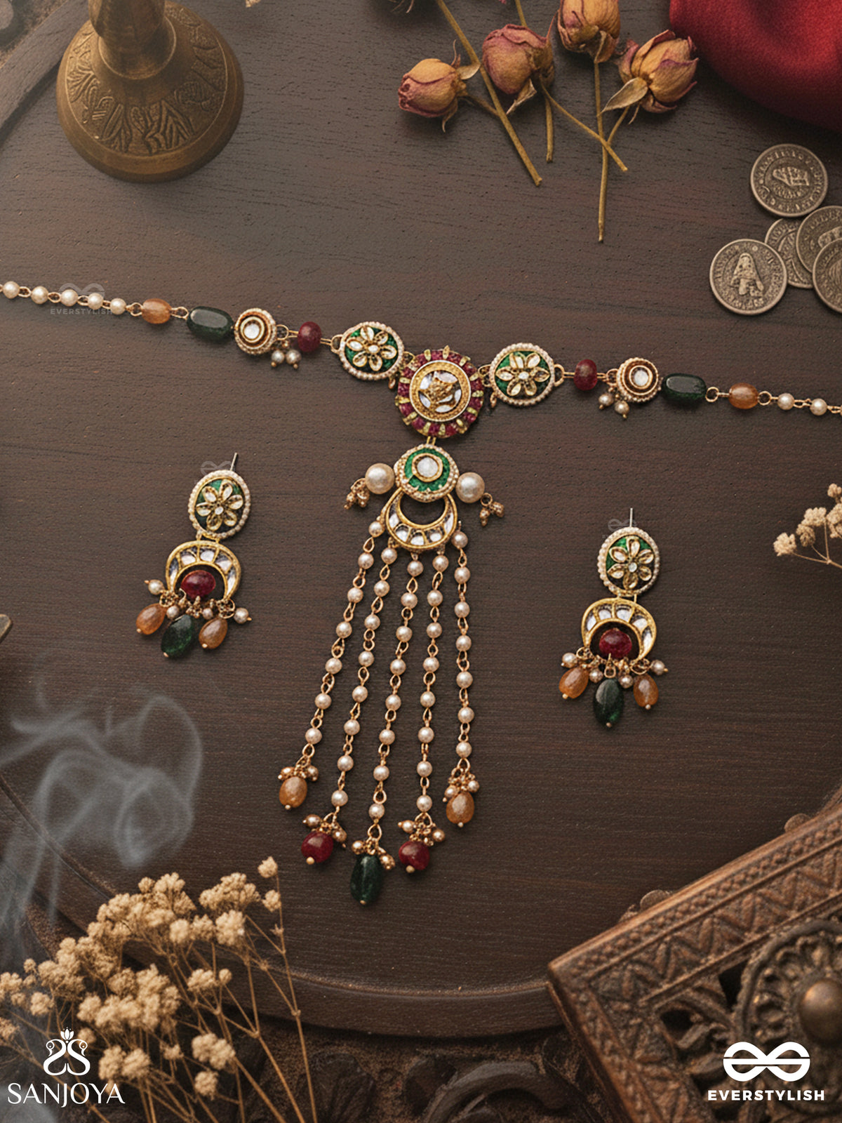 Utkalini - Exquisitely Designed - Enamelled Kundan Set With Neckpiece And Earrings