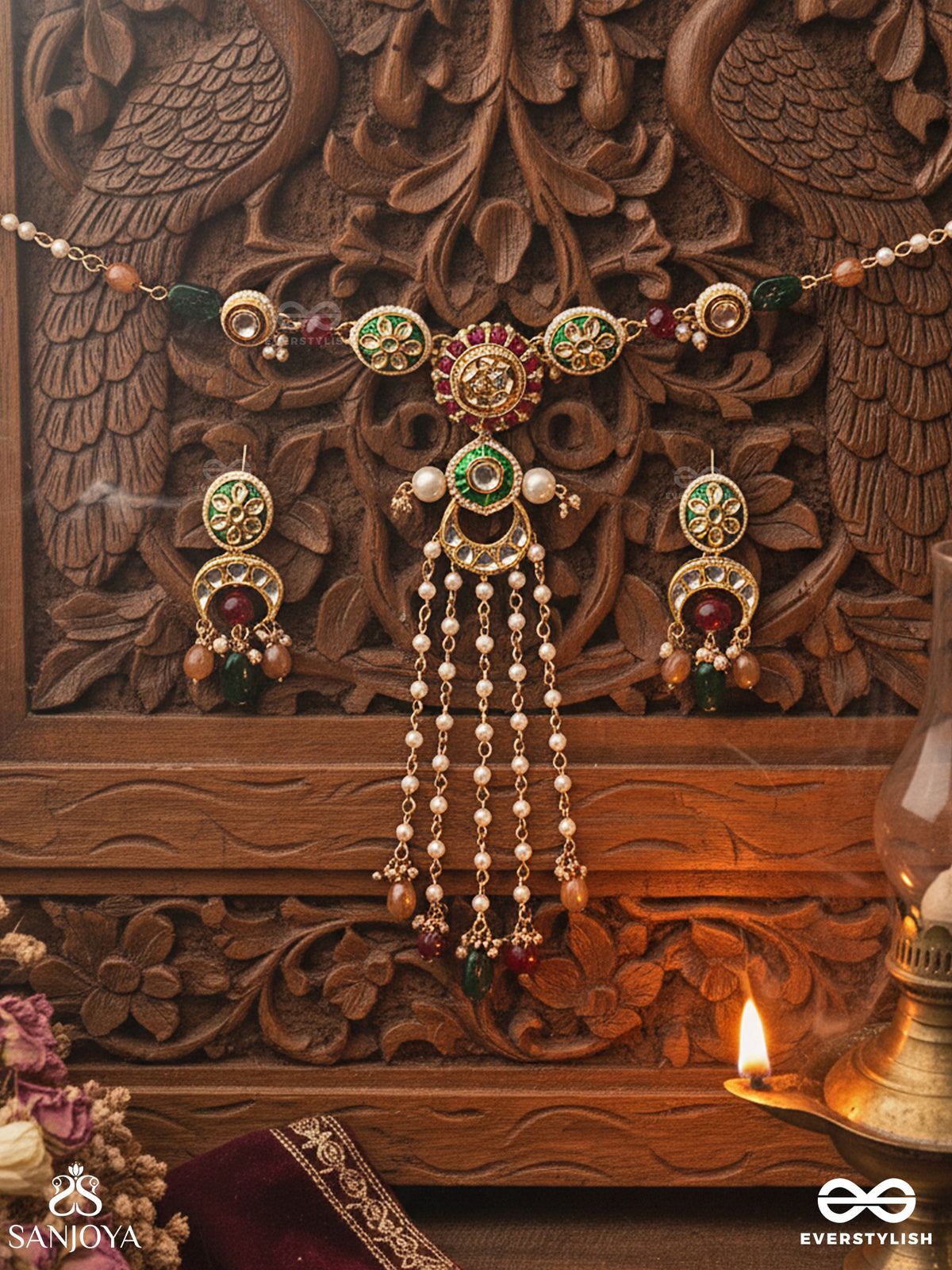 Utkalini - Exquisitely Designed - Enamelled Kundan Set With Neckpiece And Earrings