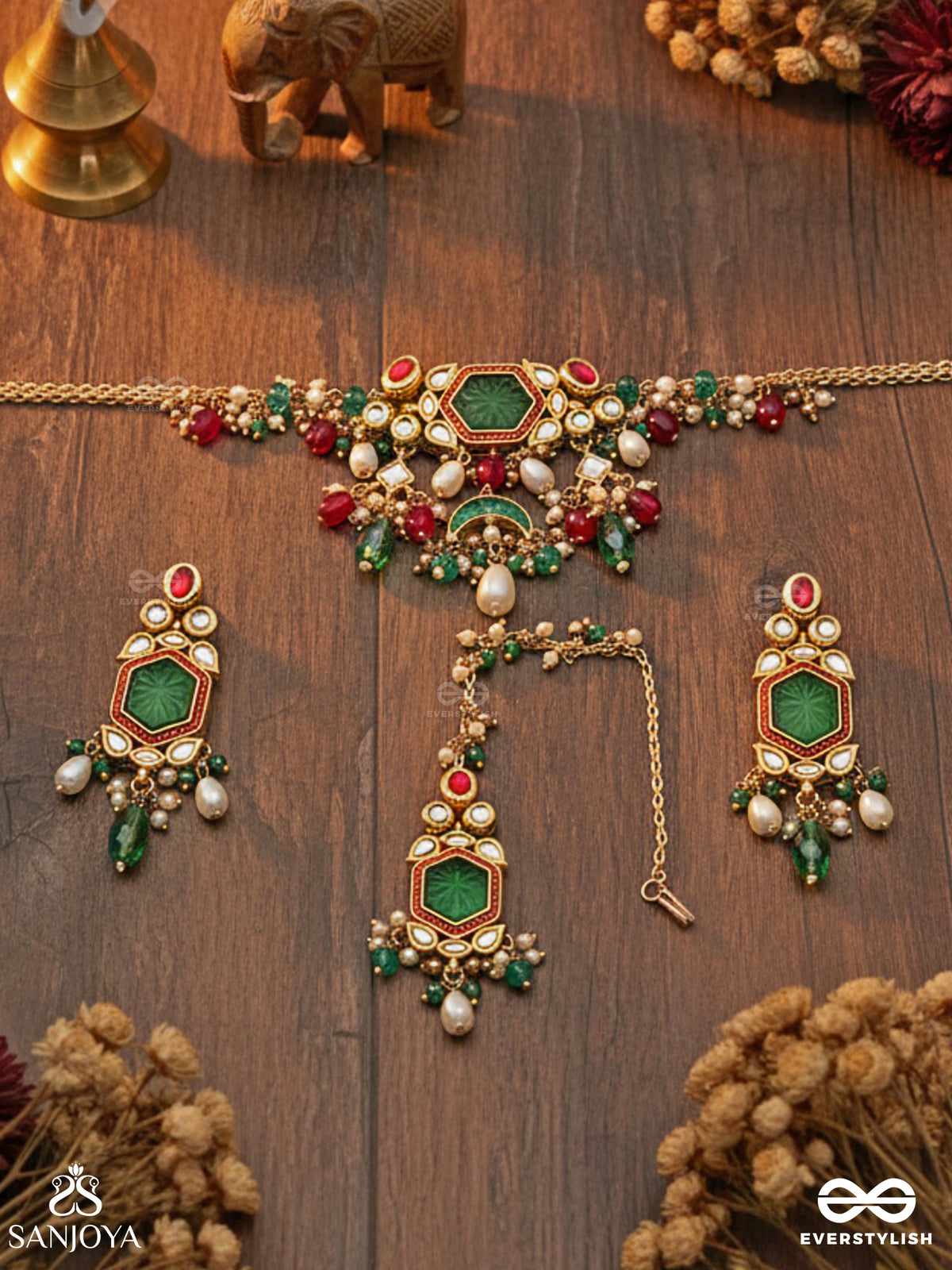 Hararasa - Essence Of Green- Handcrafted Kundanset With Choker Neckpiece, Earrings And Maangtika