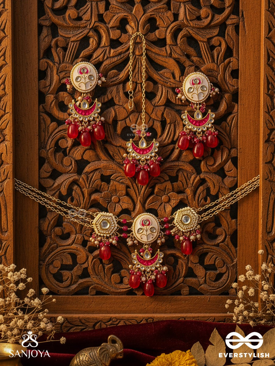 Kamalangi - Lotus-Bodied - Floral Enamelled Kundan Set With Neckpiece, Earrings And Maangtika