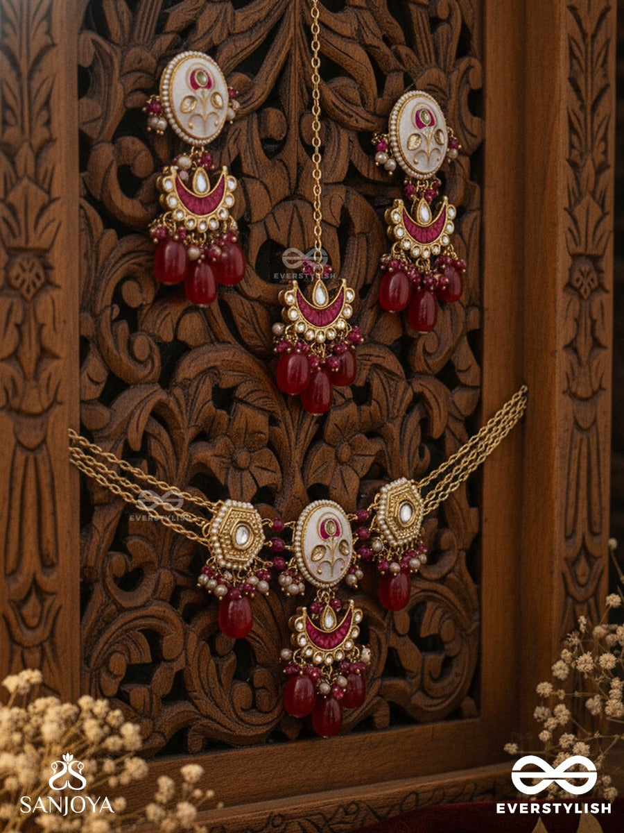 Kamalangi - Lotus-Bodied - Floral Enamelled Kundan Set With Neckpiece, Earrings And Maangtika