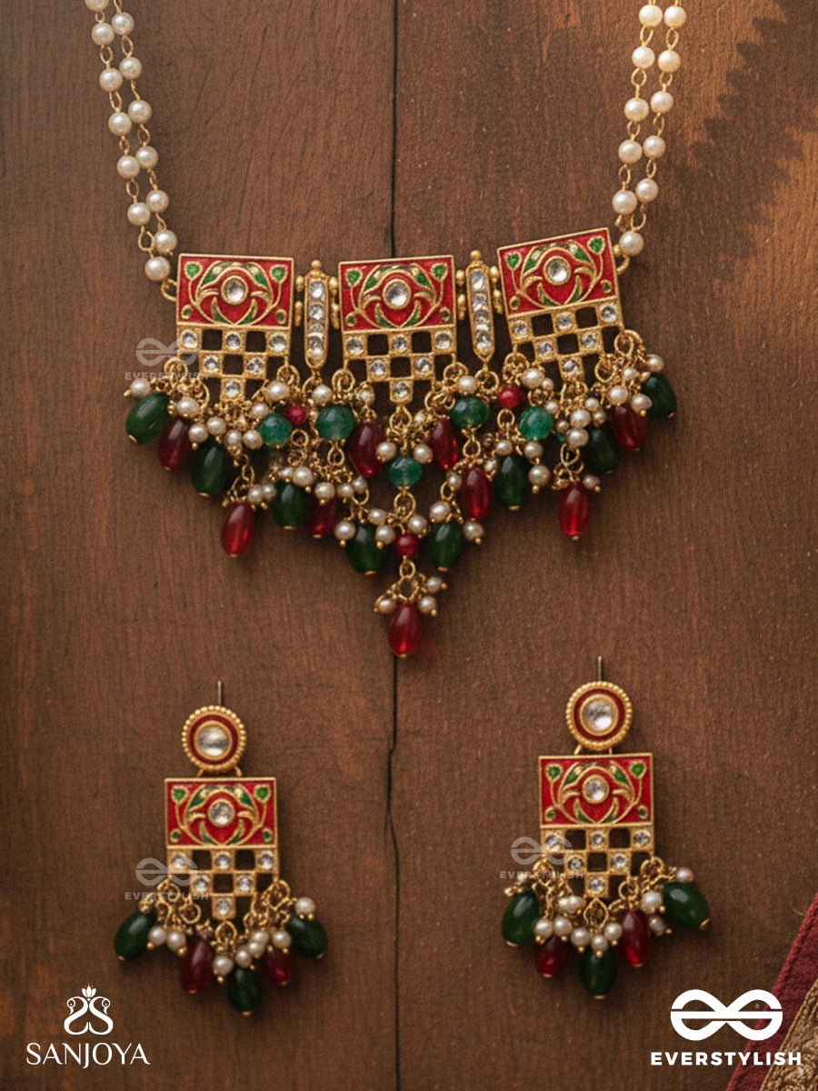 Shubhadra - Auspicious Beauty- Geometric Kundan Enamelled Set With Neckpiece And Earrings