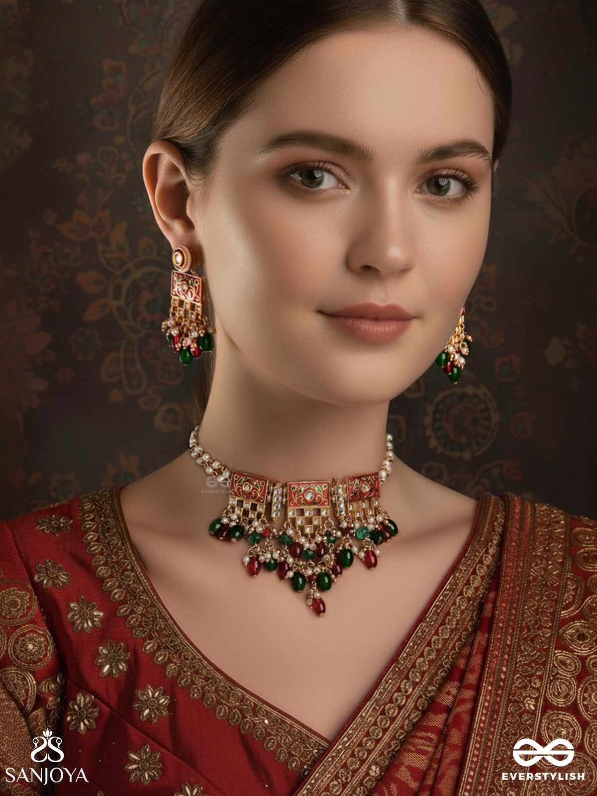 Shubhadra - Auspicious Beauty- Geometric Kundan Enamelled Set With Neckpiece And Earrings