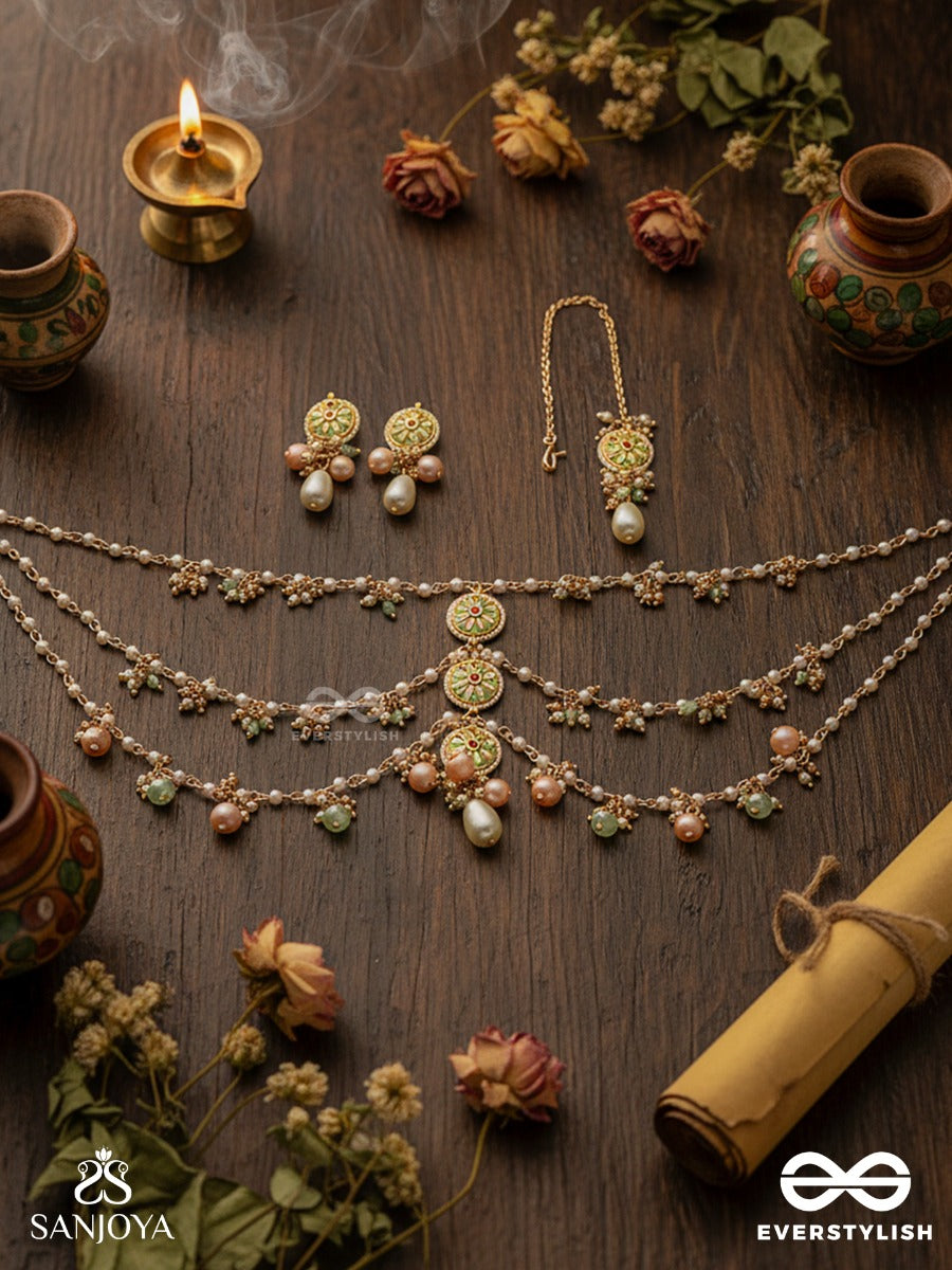 Tanvika - Delicate Beauty- Delicate Enamelled Kundan Set With Neckpiece, Earrings And Maangtika