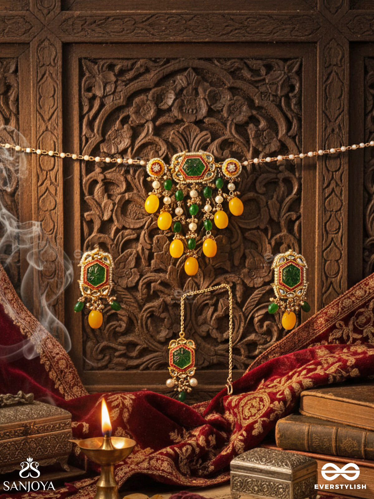 Pitambrini - Adorned In Yellow - Kundan Handcrafted Set With Neckpiece, Earrings And Maangtika