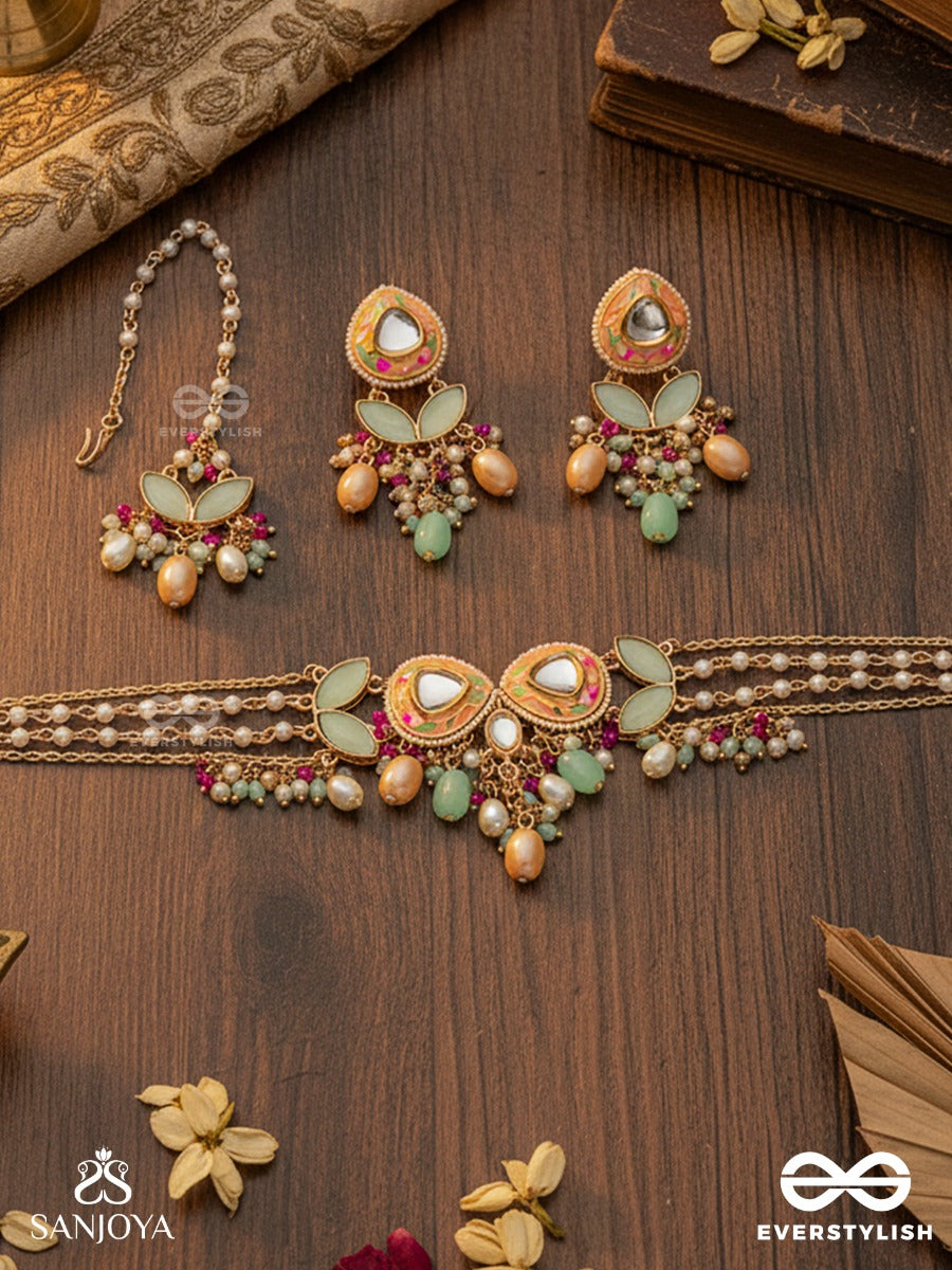 Vasantilata - Spring Vine - Charming Pastel Kundan Set With Neckpiece, Earrings And Maangtika