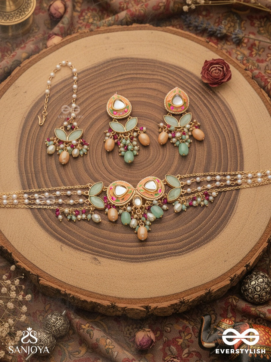 Vasantilata - Spring Vine - Charming Pastel Kundan Set With Neckpiece, Earrings And Maangtika