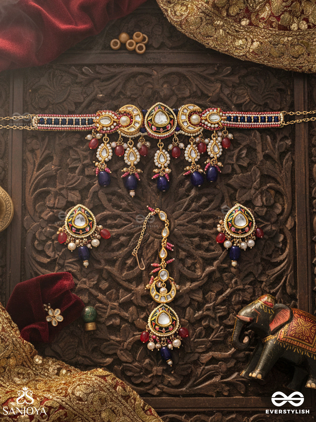 Kumudraag - Blooming At Night - Intricate Enamelled Set With Neckpiece, Earrings And Maangtika