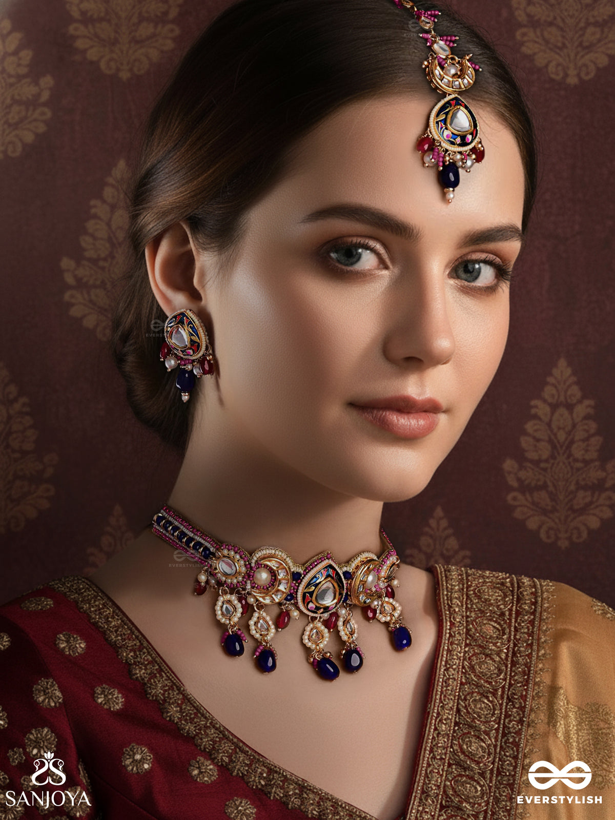 Kumudraag - Blooming At Night - Intricate Enamelled Set With Neckpiece, Earrings And Maangtika