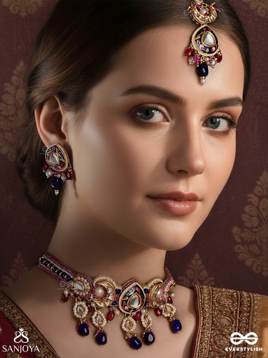 Kumudraag - Blooming At Night - Intricate Enamelled Set With Neckpiece, Earrings And Maangtika