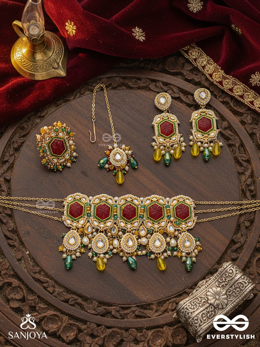 Suryaprabha - Sun's Aura- Luxe Heritage Kundan Set With Neckpiece, Earrings ,Maangtika And Ring