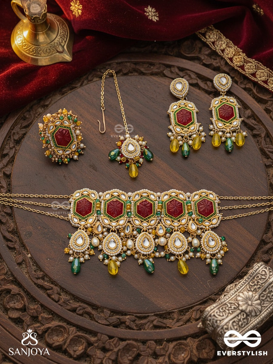 Suryaprabha - Sun's Aura- Luxe Heritage Kundan Set With Neckpiece, Earrings ,Maangtika And Ring