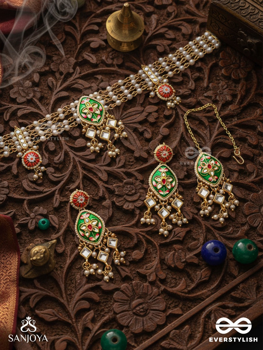 Shringarika - The Adorned One- Elegant Kundan Set With Neckpiece, Earrings And Maangtika